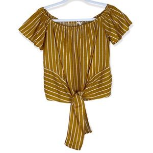 Blush BJ Size Medium Off Shoulder Striped Tie Front Short Sleeve Top